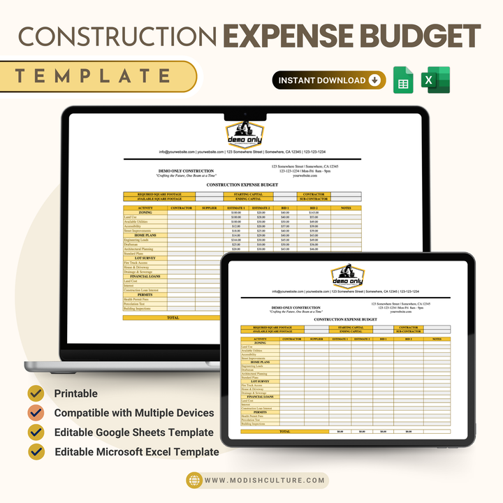 Construction Expense Budget | Microsoft Excel Spreadsheet | Google Sheets