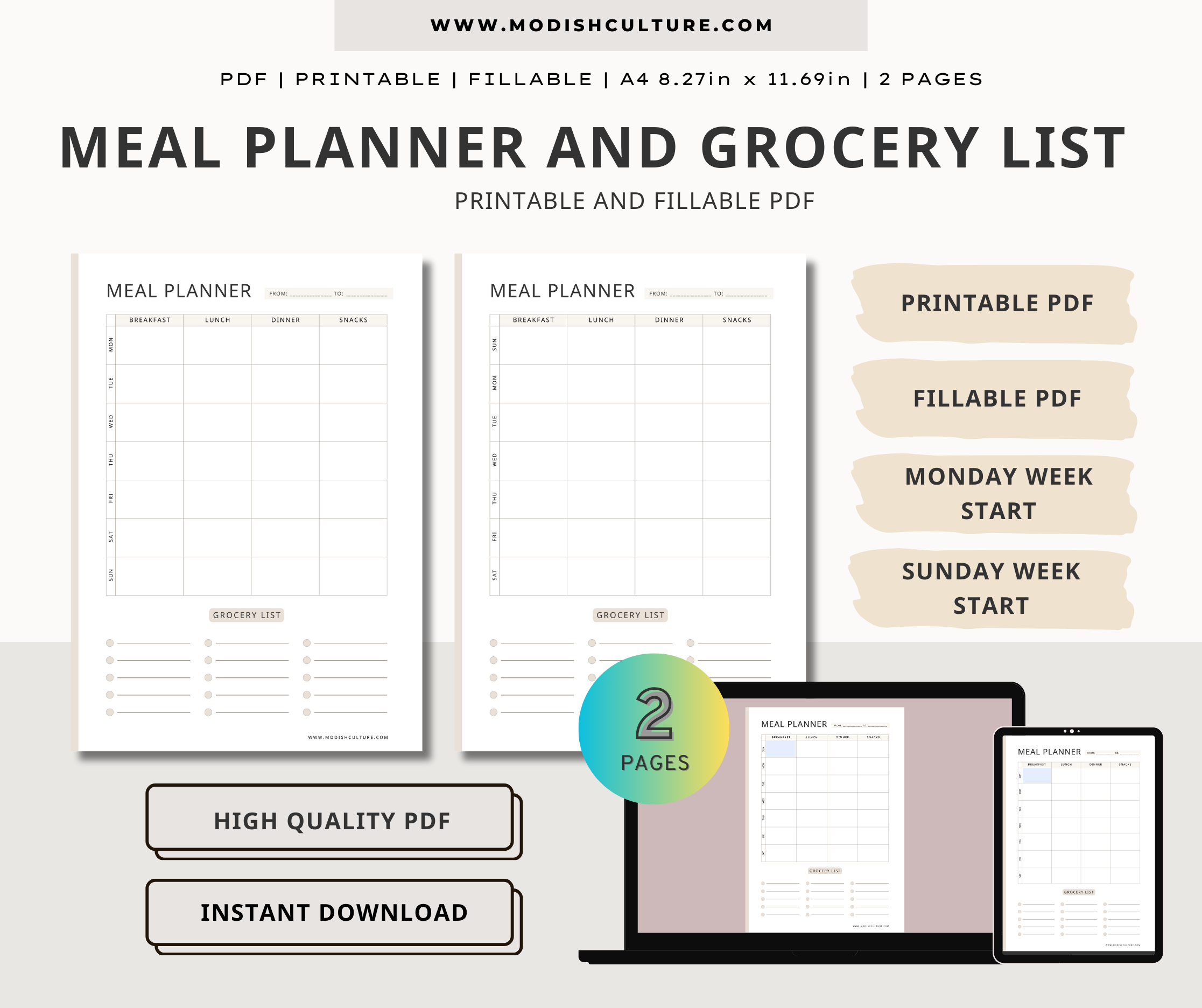 Meal Planner and Grocery List | PRINTABLE &amp; FILLABLE PDF – Modish Culture