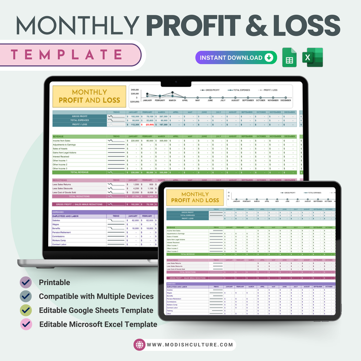 Monthly Profit and Loss Template | Microsoft Excel Spreadsheet | Google Sheets