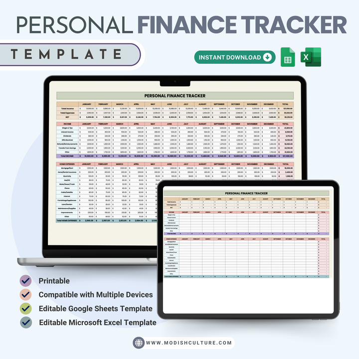 Personal Finance Tracker Template | Microsoft Excel Spreadsheet | Google Sheets