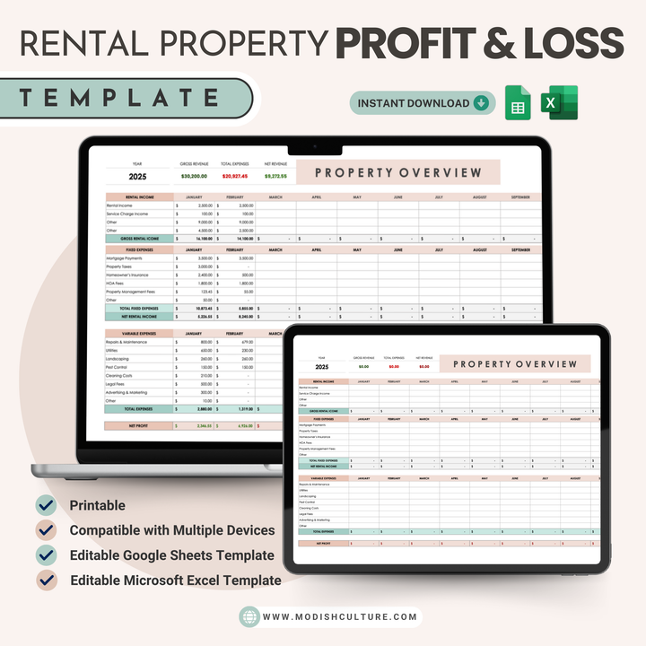 Rental Property Profit and Loss Tracker | Microsoft Excel Spreadsheet | Google Sheets