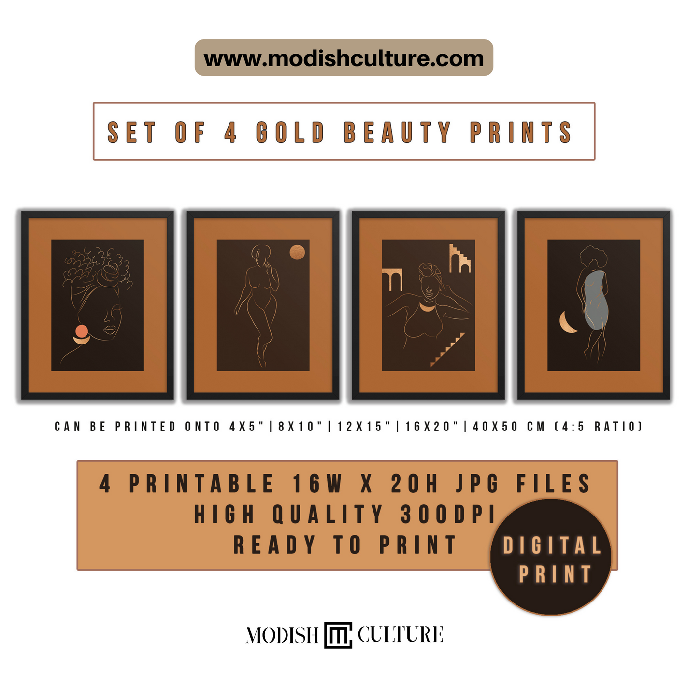 Golden Beauty Silhouette Wall Art JPG | PRINTABLE Set of 4