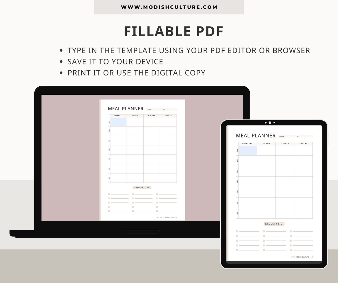 Meal Planner and Grocery List  | PRINTABLE & FILLABLE PDF