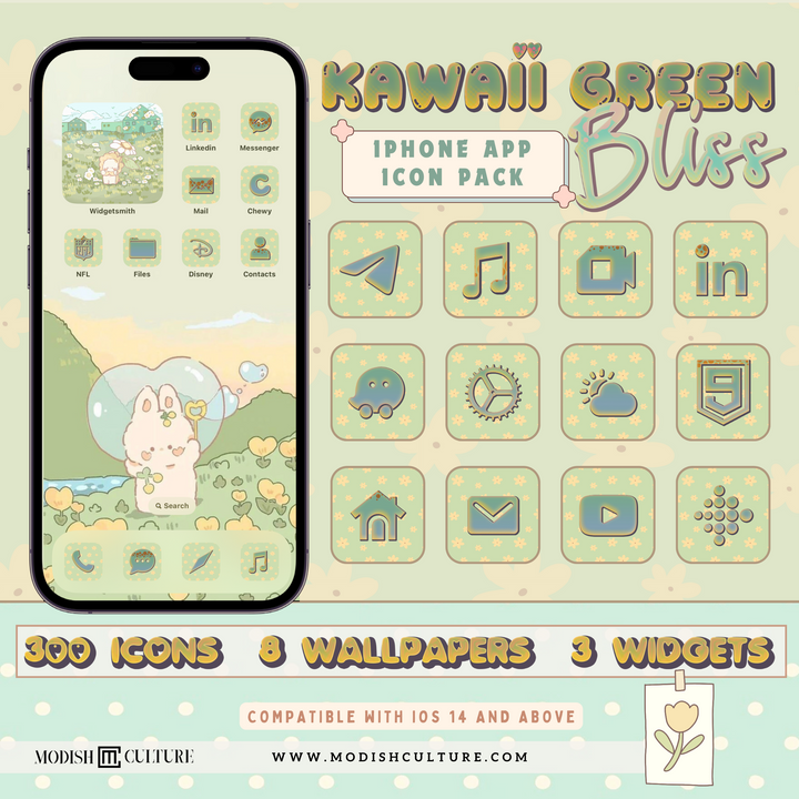 Kawaii Green Bliss iPhone App Icon Theme for iOS14+