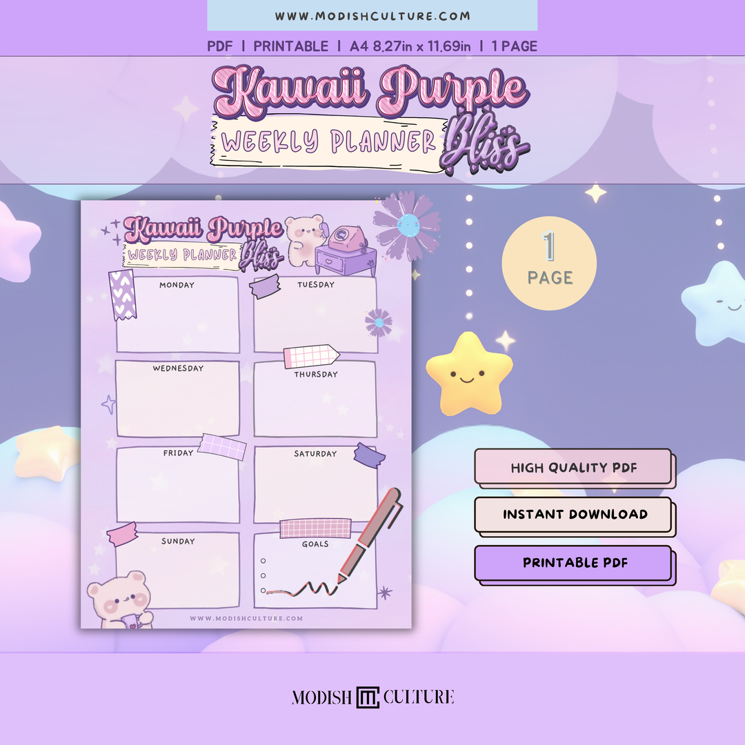Kawaii purple weekly planner sheet with cute illustrations on a matching purple background.