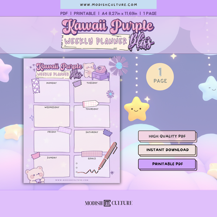 Kawaii purple weekly planner sheet with cute illustrations on a matching purple background.