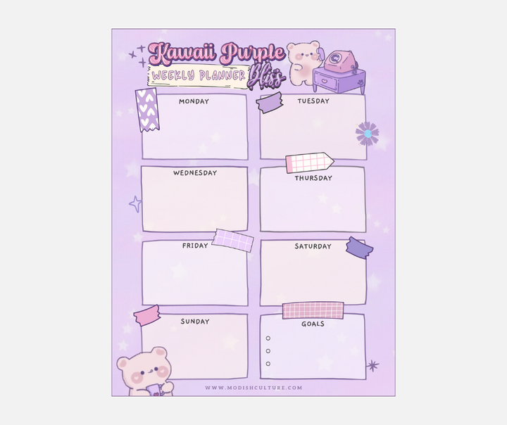 Weekly planner with cartoon characters on a purple background