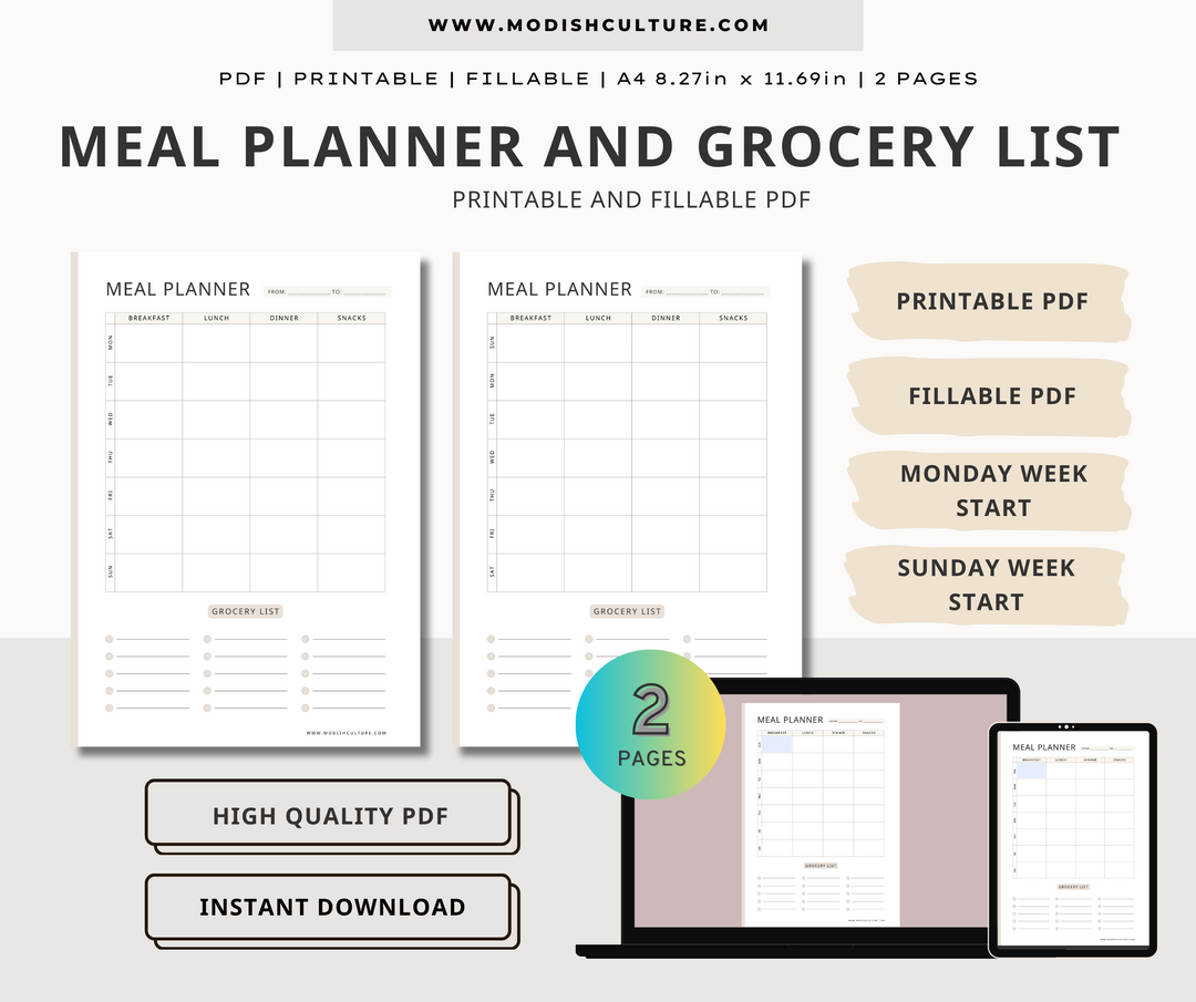 Meal Planner and Grocery List  | PRINTABLE & FILLABLE PDF