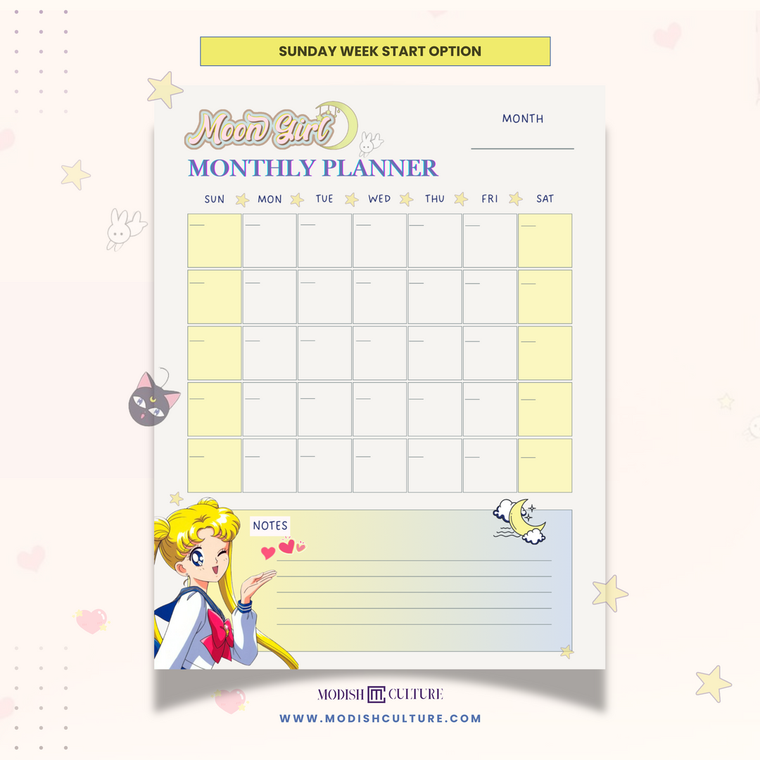 Sailor Moon inspired Monthly planner with cartoon character on a white background.