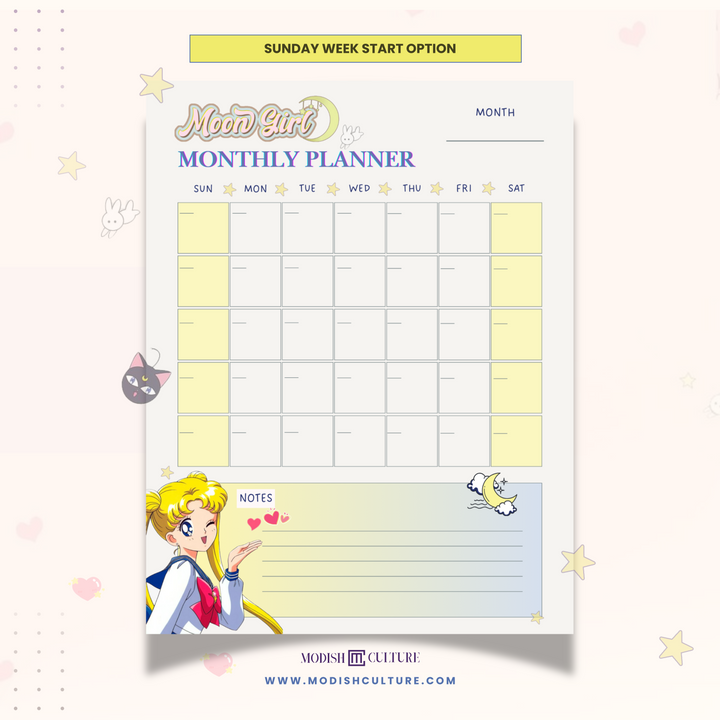 Sailor Moon inspired Monthly planner with cartoon character on a white background.