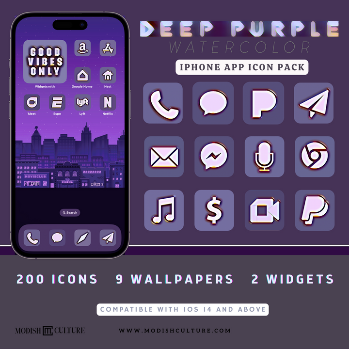 Deep Purple Watercolor iPhone iOS14+ App Icon Theme