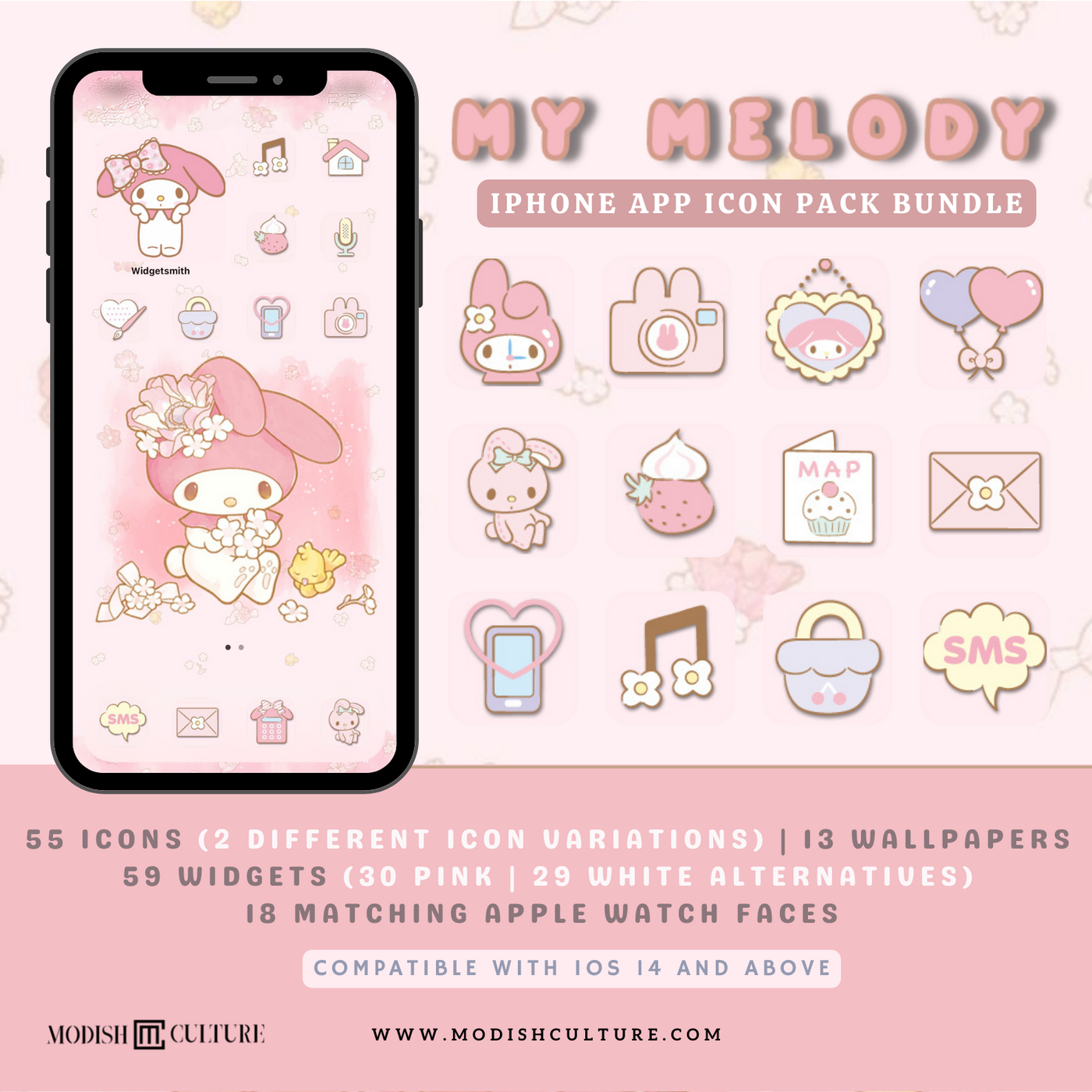 Kawaii My Melody Pink iPhone App Icon Theme Bundle for iOS14+